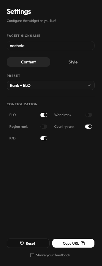 FACEIT Widget builder settings with the Rank and ELO preset selected