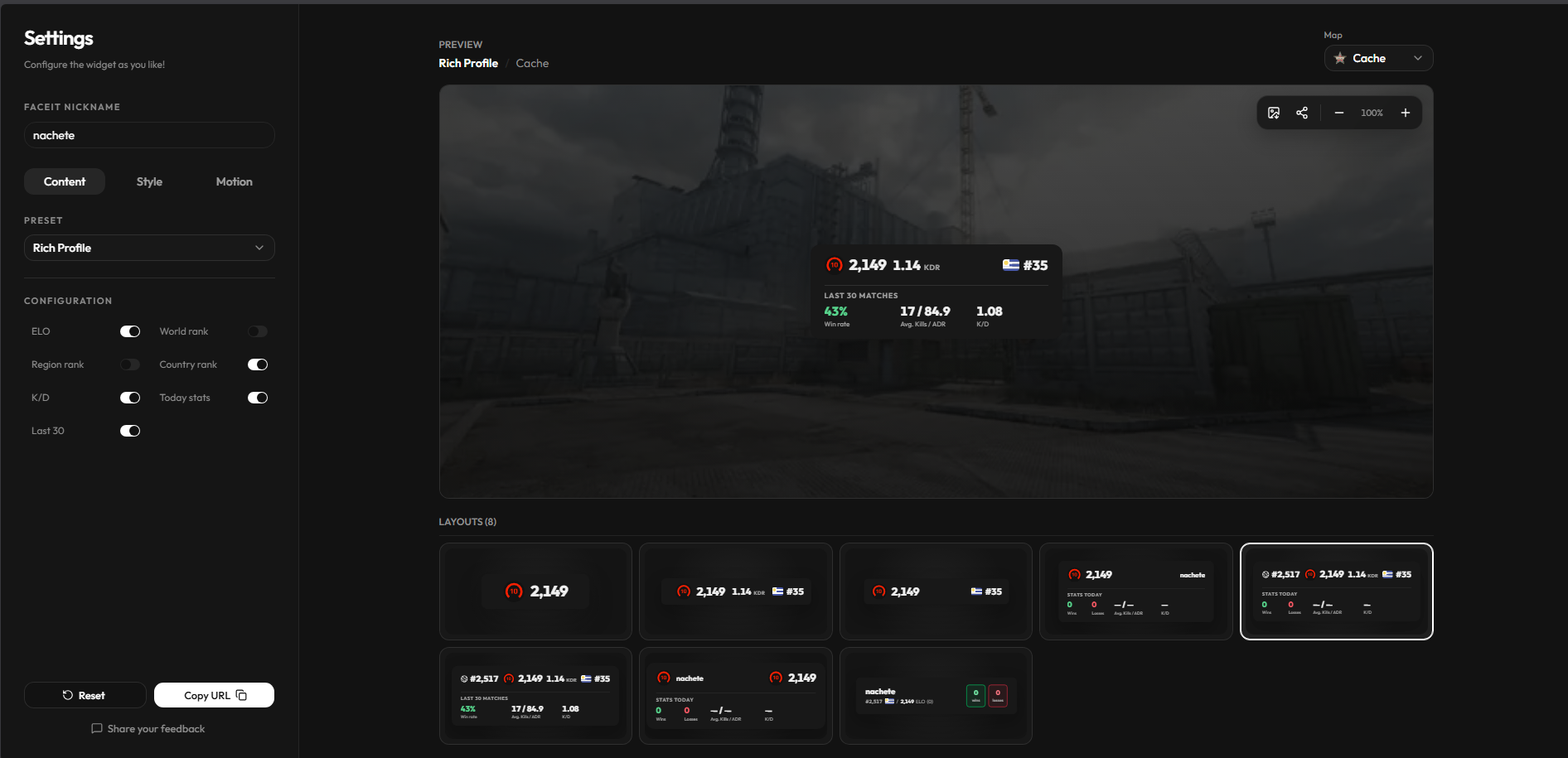 Rich Profile preset showing FACEIT ELO, country rank, K/D, and statistics from the latest 30 matches