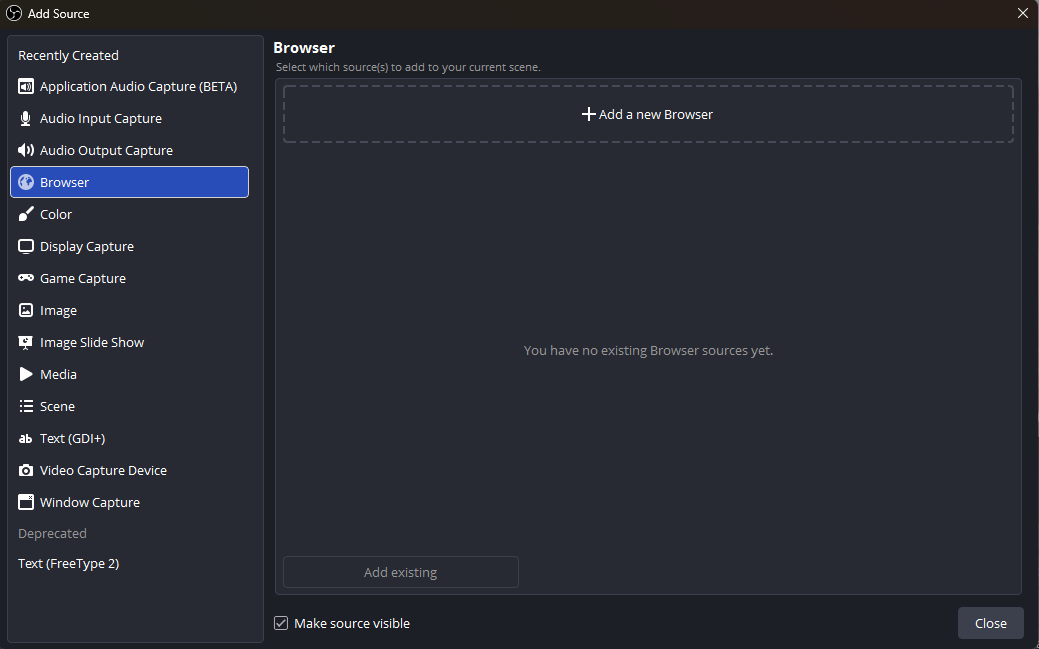 OBS Add Source dialog with Browser selected