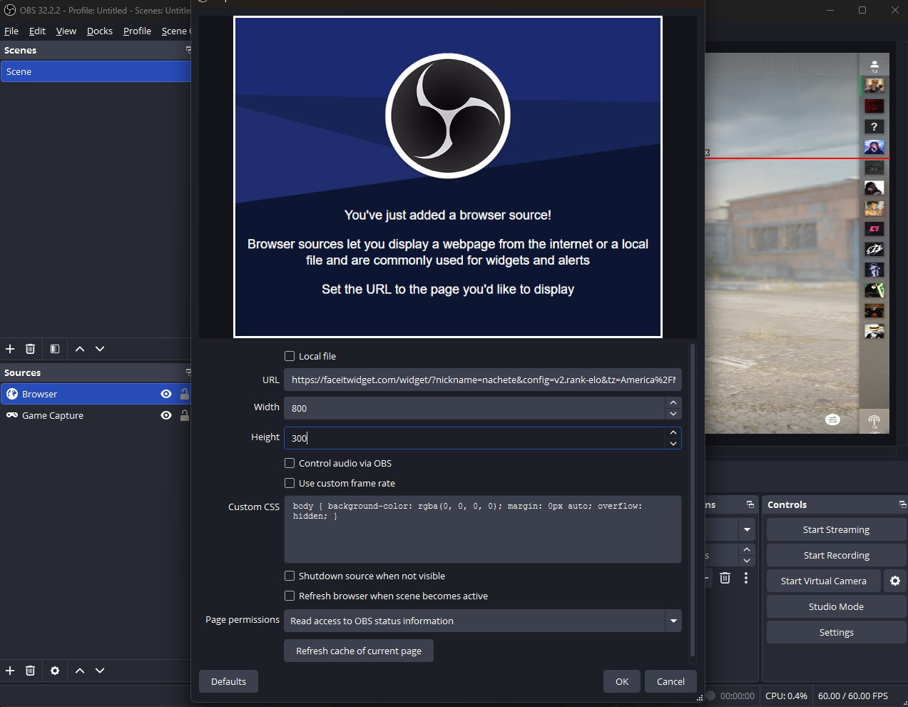 OBS Browser source properties with a FACEIT Widget URL and an 800 by 300 canvas