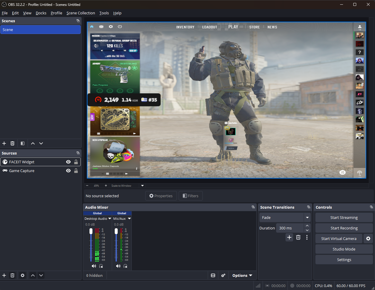 FACEIT rank and ELO widget displayed transparently over Counter-Strike 2 in OBS